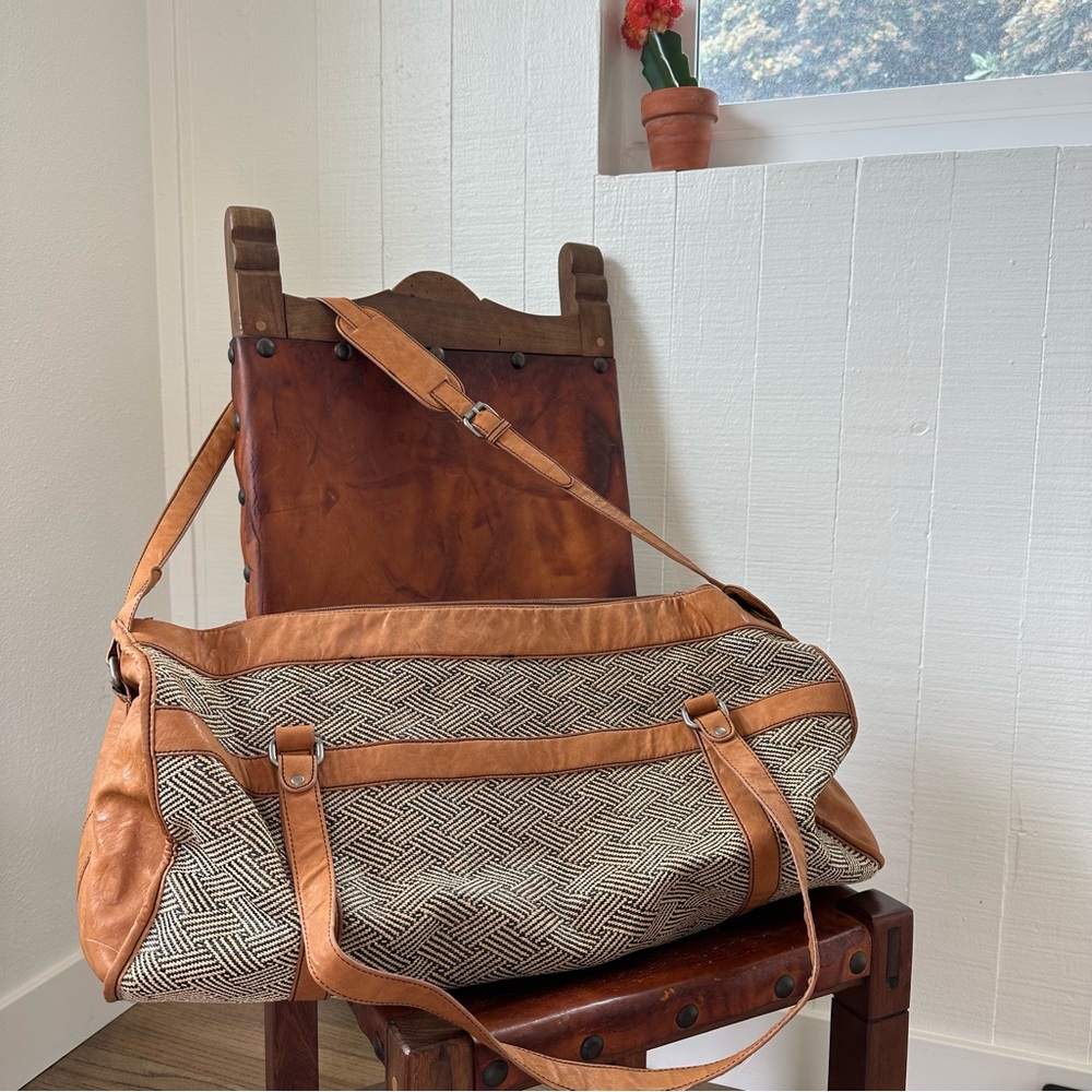 Vintage Leather and Woven Duffle / Weekender Bag